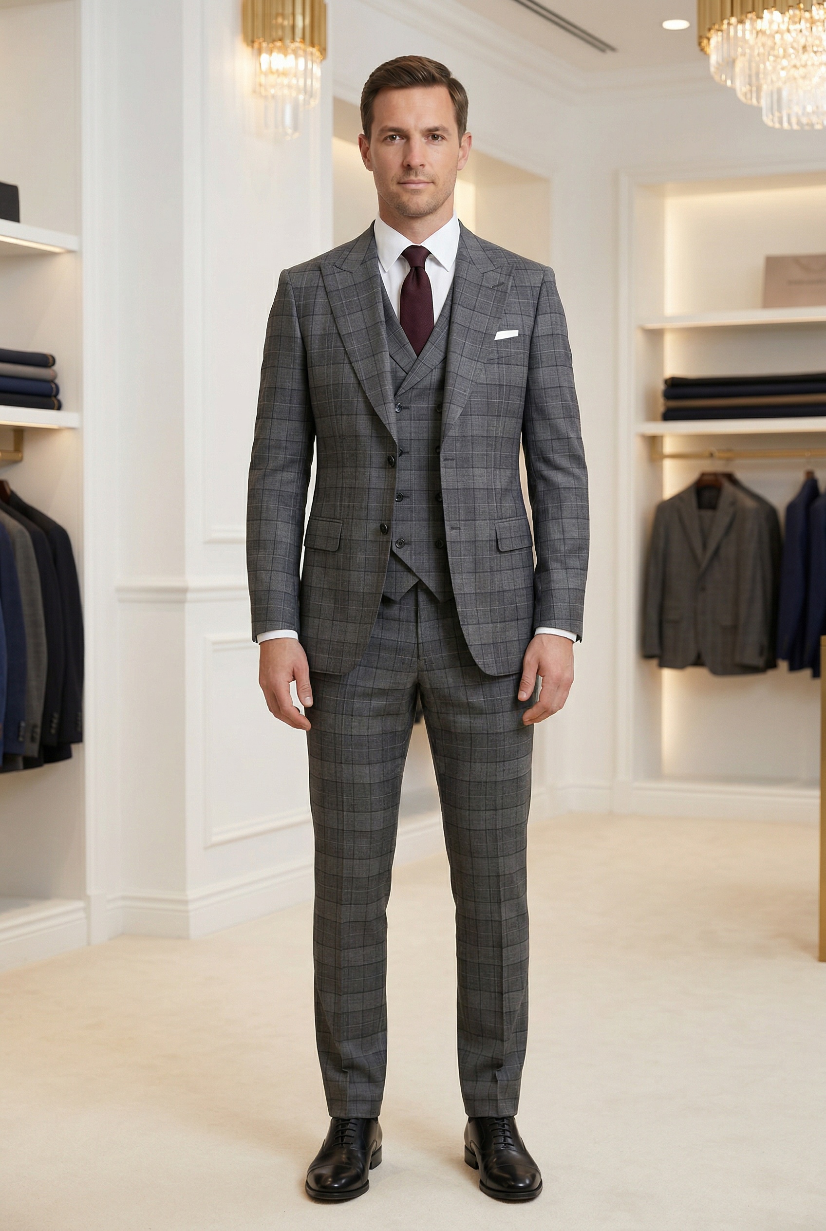 Grey windowpane three-piece made-to-measure suit — Nice'n'Neat Tailoring, Hallett Cove